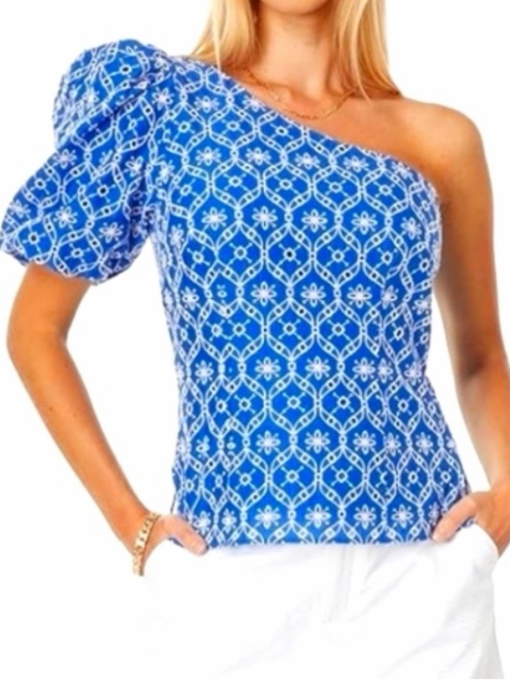 Lilly Pulitzer Delilah Blue eyelet one shoulder blouse